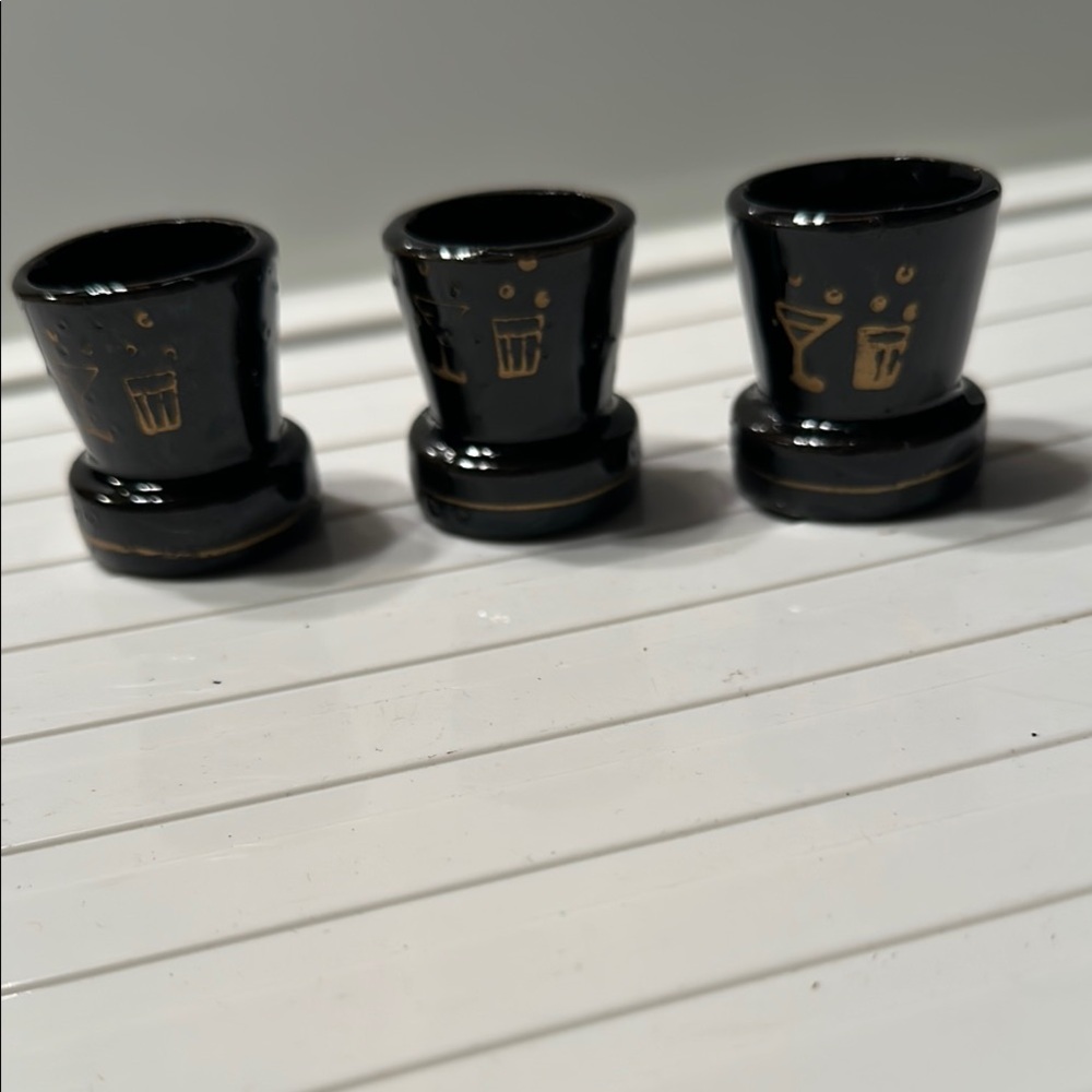 Three Vintage Redware Tilso Japanese Black Shot Glasses with Gold Accents